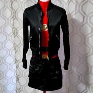 Brodi black Sateen biker jacket and skirt set